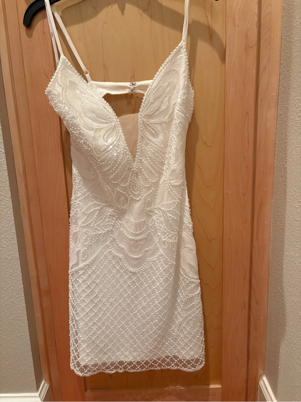 Lulu’s Elegant White Beaded Spaghetti Strap Dress